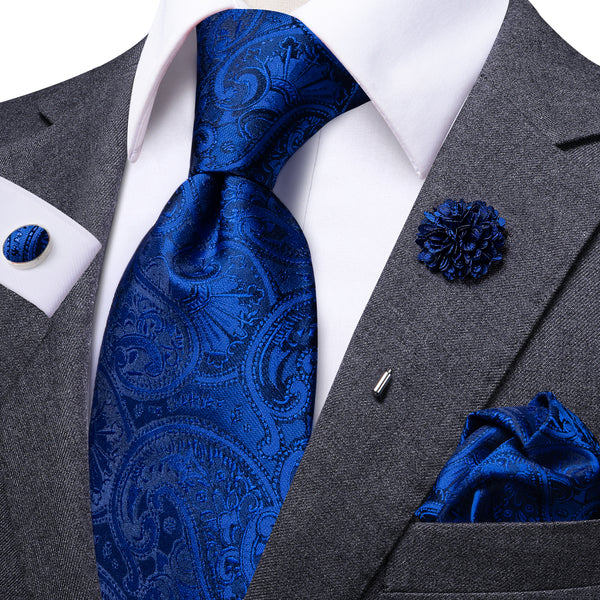 Deep Blue Paisley Men's Necktie Pocket Square Cufflinks Set with Lapel Pin