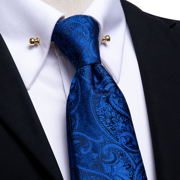 Dark Blue Paisley Men's Tie Hanky Cufflinks Set with Collar Pin