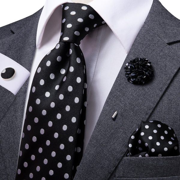 Classic Black White Polka Dot Men's Necktie Pocket Square Cufflinks Set with Lapel Pin