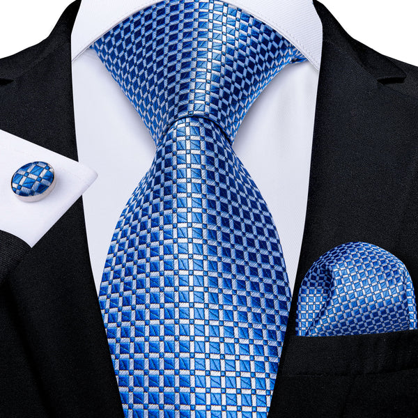 Classic Blue Plaid Necktie Pocket Square Cufflinks Set