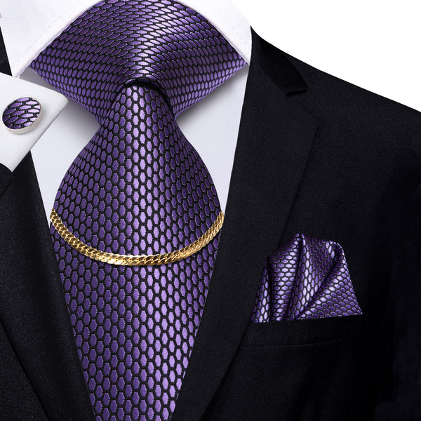 Shinning Purple Polka Dot Silk Fabric Men's Tie Hanky Cufflinks Set with Tie Chain