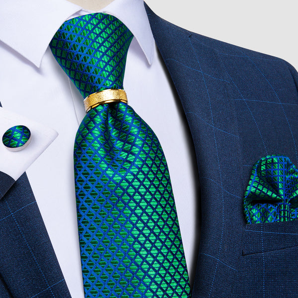 Blue Green Plaid Tie Ring Pocket Square Cufflinks Set