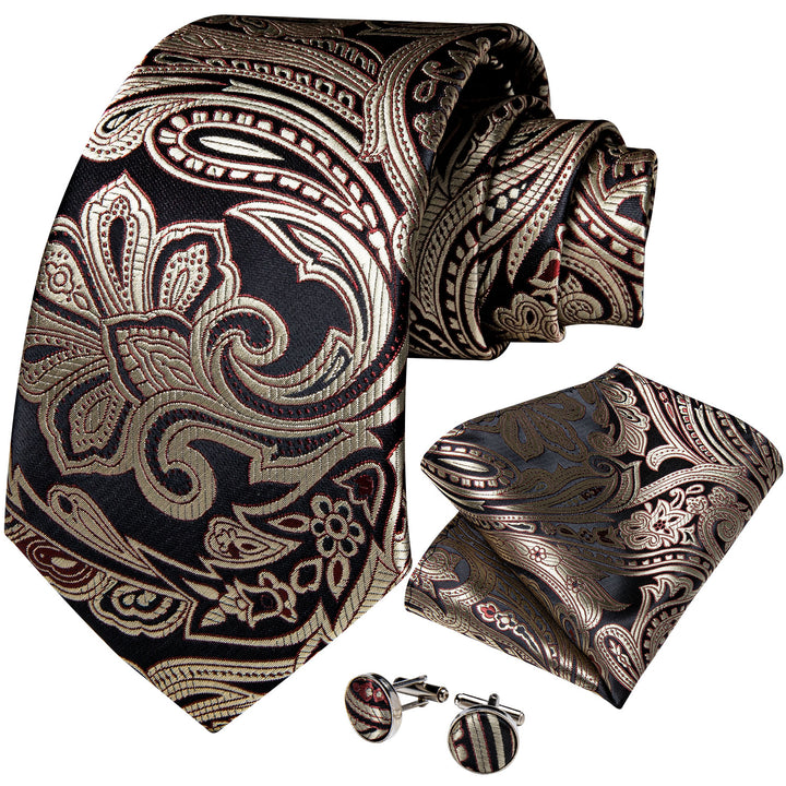 Brown Paisley Tie Pocket Square Cufflinks Set