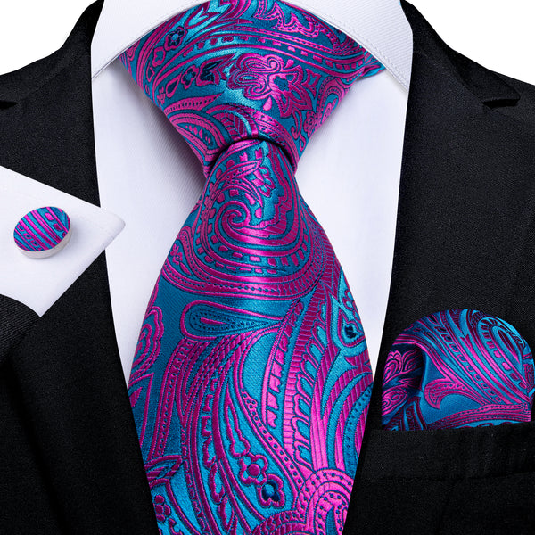 Purple Blue Paisley Tie Pocket Square Cufflinks Set