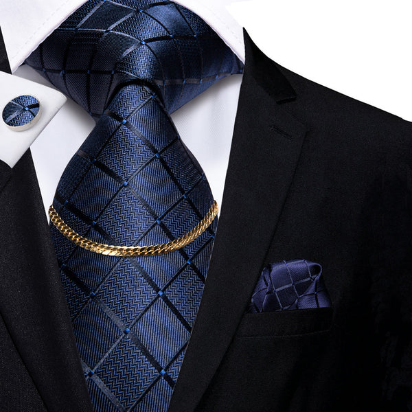 Midnightblue Plaid Silk Fabric Men's Tie Hanky Cufflinks Set with Tie Chain