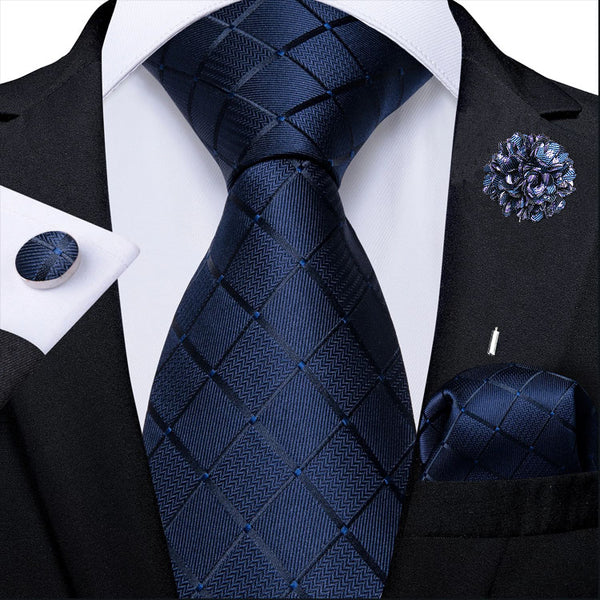 Navy Blue Plaids Necktie Handkerchief Cufflinks Lapel Pin Set