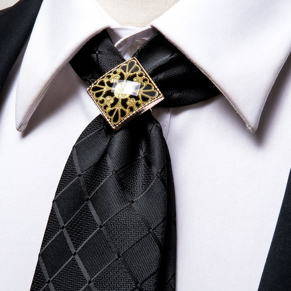 Classic Black Plaid Men's Necktie Pocket Square Cufflinks Set with Tie Buckle