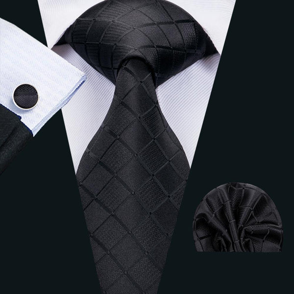  Black Plaid Silk 63 Inches Extra Long Men's Tie 