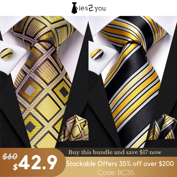Two Black Golden Men's Tie Handkerchief Cufflinks Set Bundle