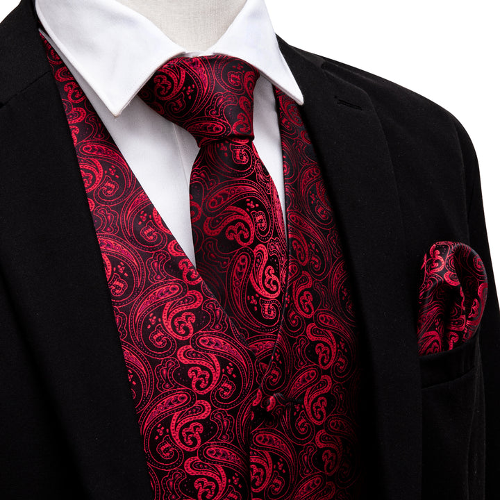 Black Red Paisley Jacquard Silk mens formal vest