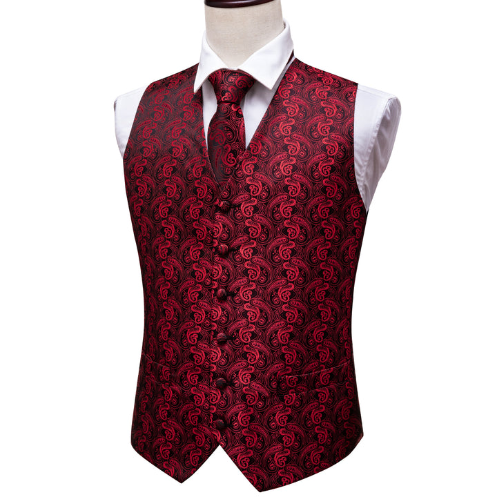 Black Red Paisley Jacquard Silk dress suit vest for men