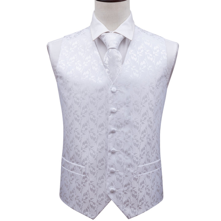 Pure White Floral Jacquard Silk men's formal vests