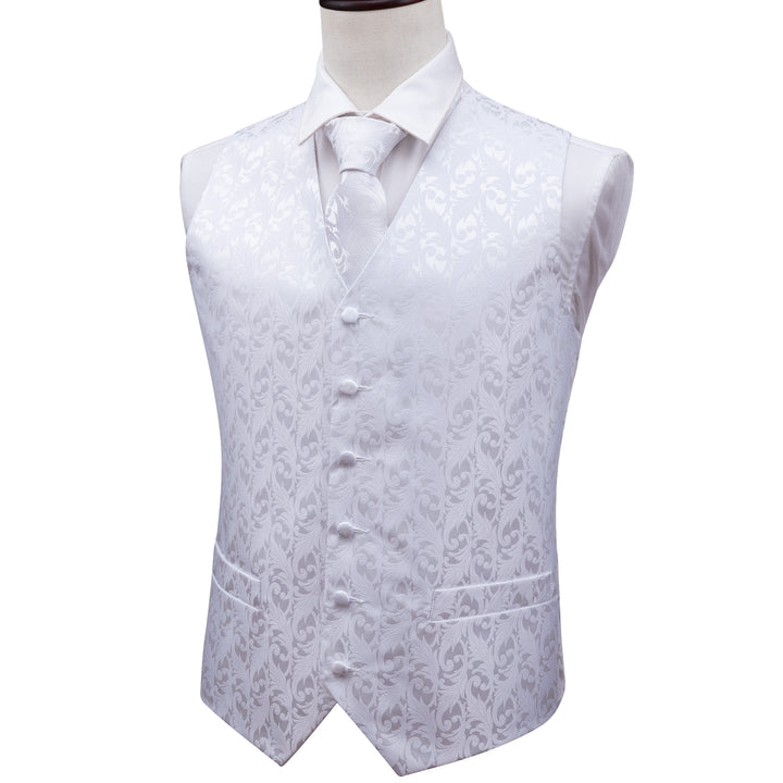 Pure White Floral Jacquard Silk Mens vest for a suit
