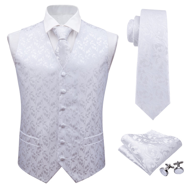 Pure White Floral Jacquard Silk men vest outfits