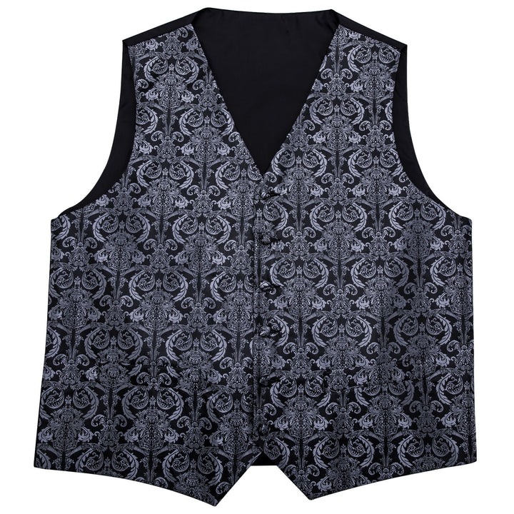 Silver Black Floral Jacquard Silk Men's formal vest