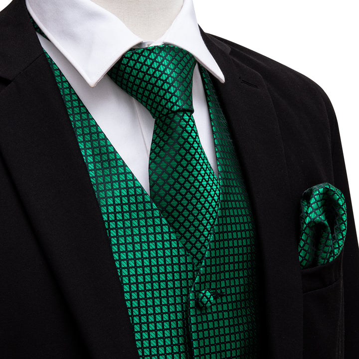 Black Green Plaid silk men vest suit