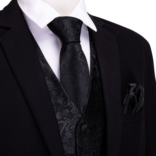 Luxury Black Paisley Silk Men's Vest Tie Hanky Cufflinks Set Waistcoat Suit Set