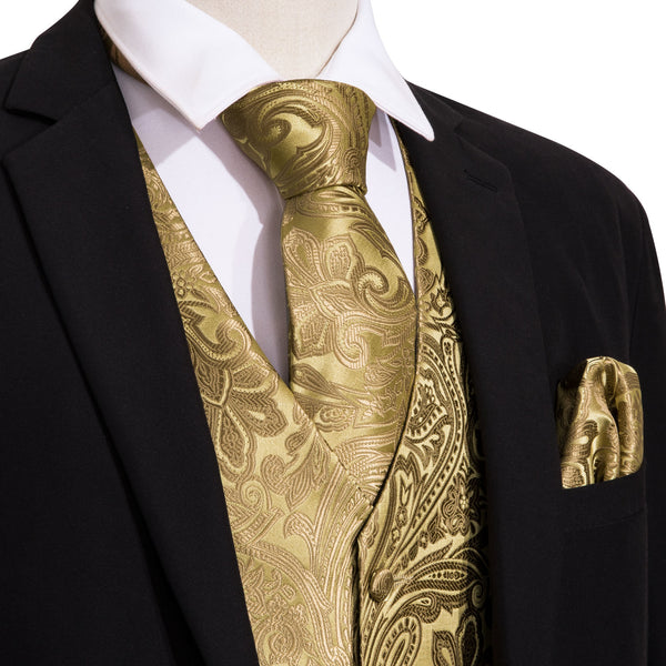 Luxury Golden Floral Silk Men's Vest Tie Hanky Cufflinks Set Waistcoat Suit Set