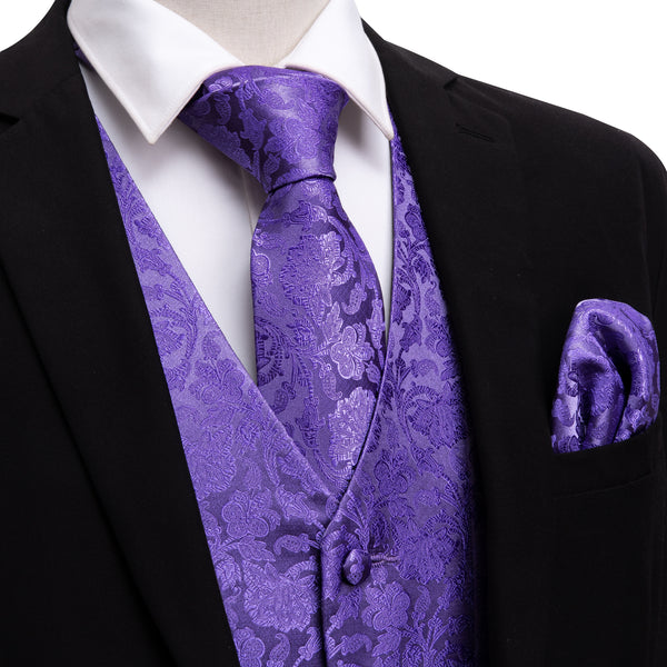 Slateblue Purple Floral Men's Vest Tie Hanky Cufflinks Set Waistcoat Suit Set