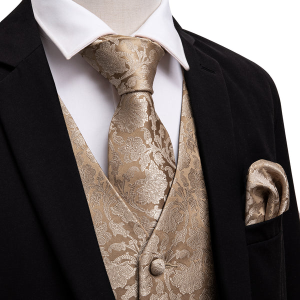 Tan Champagne Floral Men's Vest Tie Hanky Cufflinks Set Waistcoat Suit Set