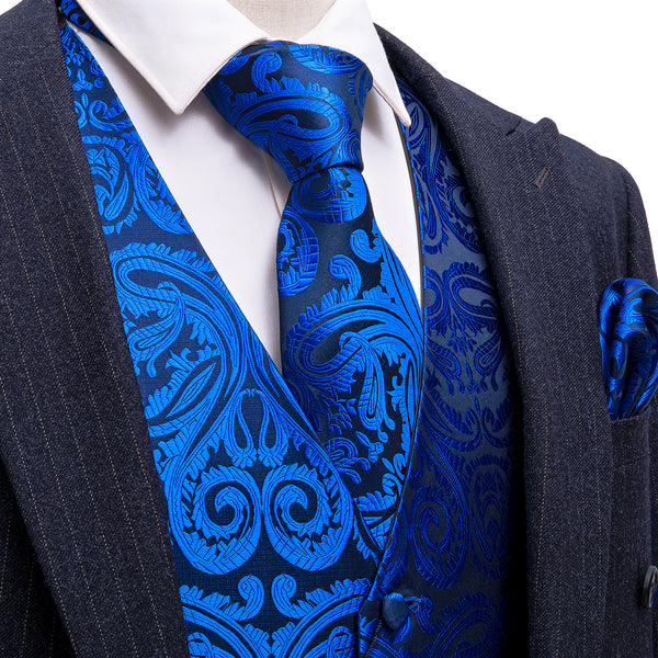 New Sapphire Blue Paisley Silk Men's Vest Tie Hanky Cufflinks Set Waistcoat Suit Set