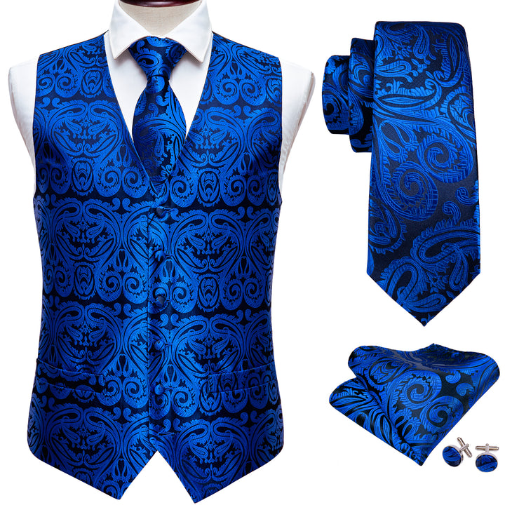 New Sapphire Blue Paisley Silk Men's Vest Tie Hanky Cufflinks Set Wais ...