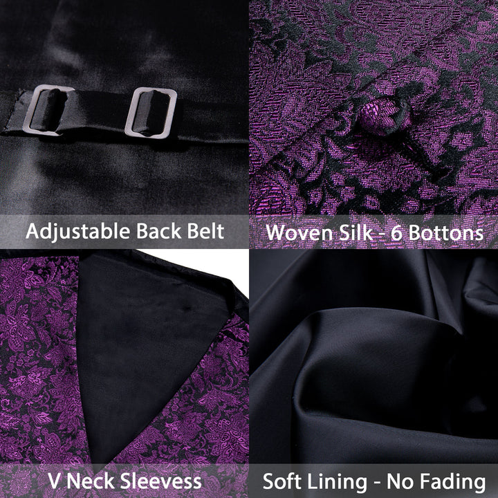Black Purple Floral silk suit vest mens