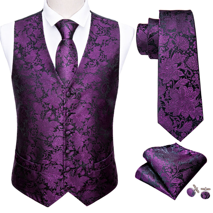 Black Purple Floral mens silk formal vest outfit