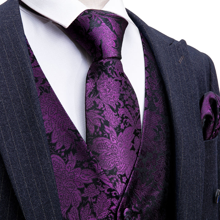 Black Purple Floral silk suit vest for men