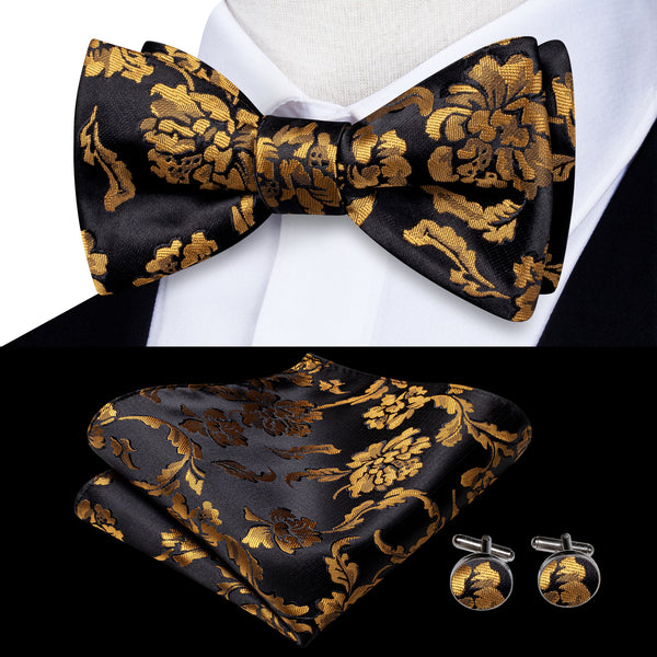 Black Golden Floral Self-tied Bow Tie Pocket Square Cufflinks Set