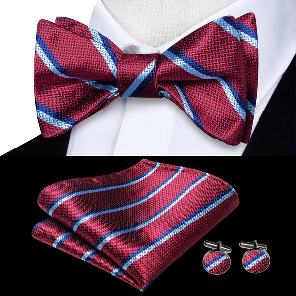 Burgundy Red Blue Striped Self-tied Bow Tie Pocket Square Cufflinks Set