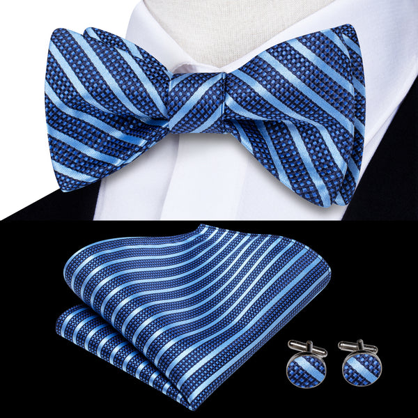 Blue Striped Self-tied Bow Tie Pocket Square Cufflinks Set