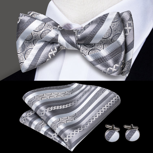 Silver Grey Striped Novelty Self-tied Bow Tie Pocket Square Cufflinks Set