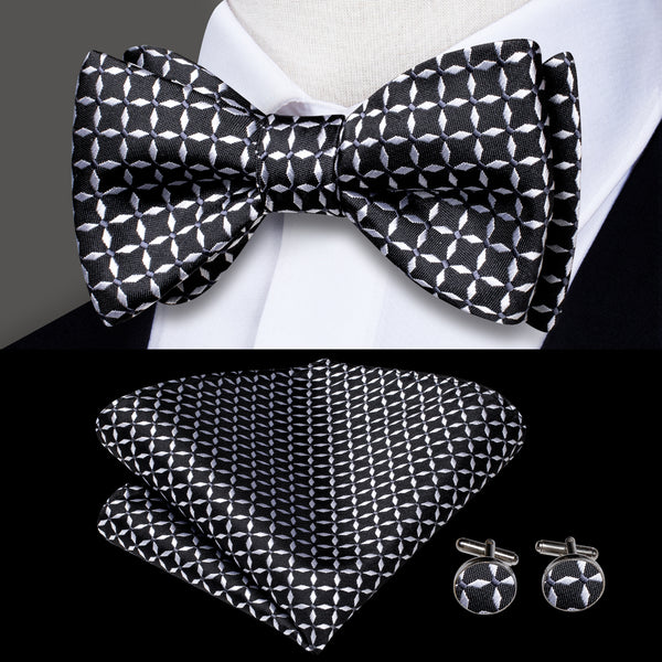 Classic Black White Plaid Self-tied Bow Tie Pocket Square Cufflinks Set