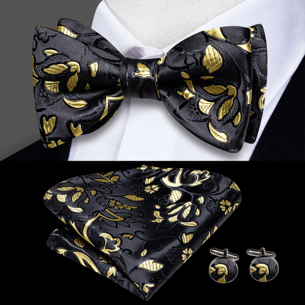 Black Champagne Floral Self-tied Bow Tie Pocket Square Cufflinks Set