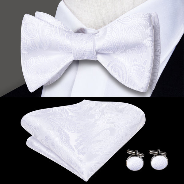 Pure White Paisley Self-tied Bow Tie Pocket Square Cufflinks Set