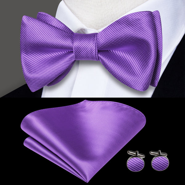 Pure Purple Striped Self-tied Bow Tie Pocket Square Cufflinks Set