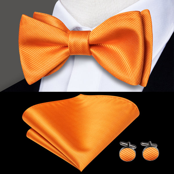 Pure Orange Striped Self-tied Bow Tie Pocket Square Cufflinks Set
