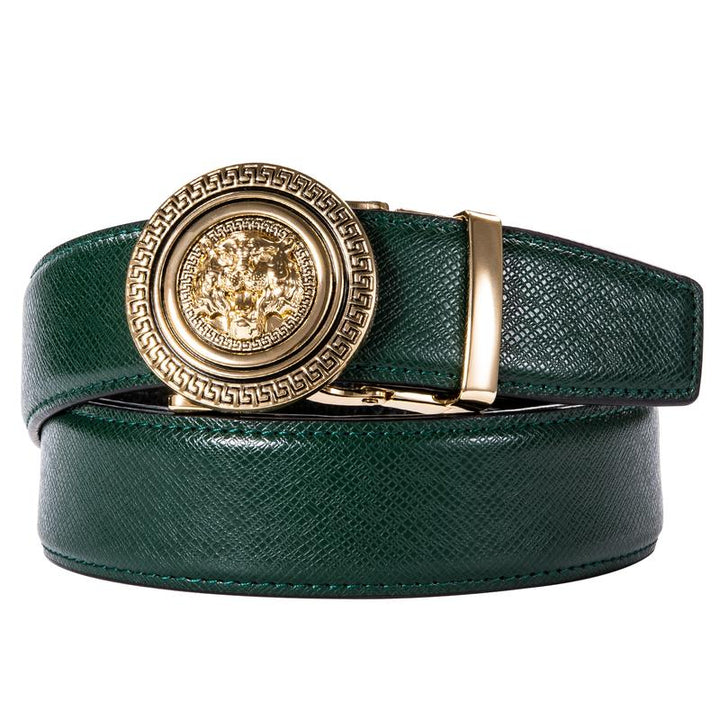Mens belt gold belt buckle deep green belt adjustable length dress belt