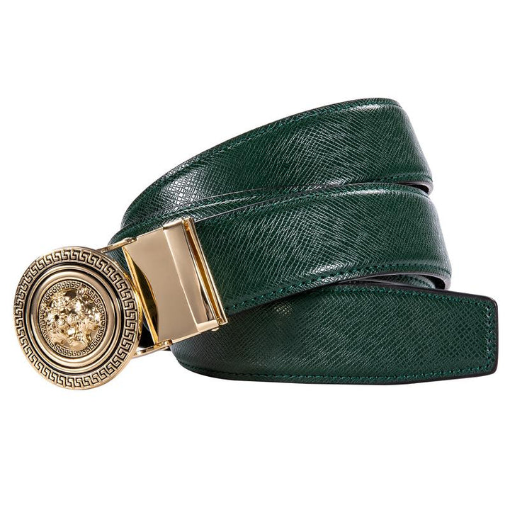 Mens belt gold belt buckle deep green belt adjustable length