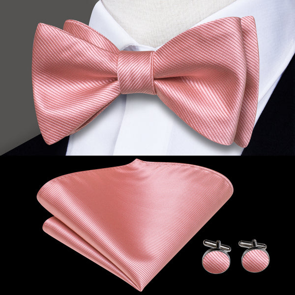Leather Pink Solid Self-tied Bow Tie Pocket Square Cufflinks Set
