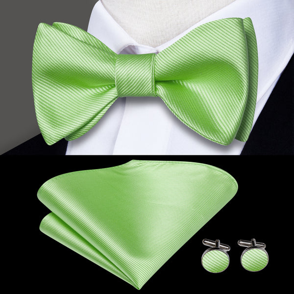 Apple Green Striped Self-tied Bow Tie Pocket Square Cufflinks Set