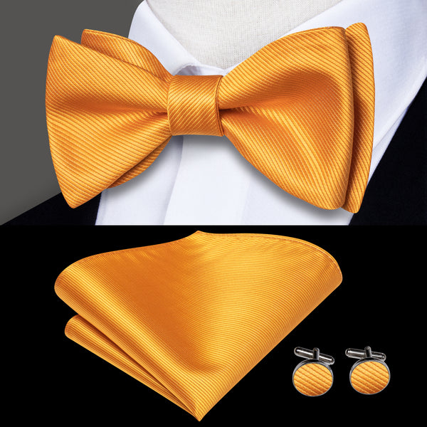 Golden Striped Self-tied Bow Tie Pocket Square Cufflinks Set