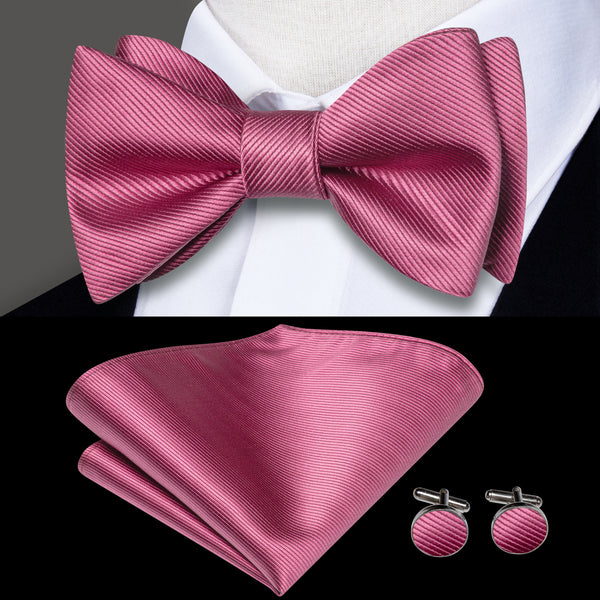 Rose Pink Solid Self-tied Bow Tie Pocket Square Cufflinks Set