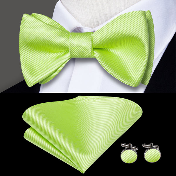 Fluorescence Green Striped Self-tied Bow Tie Pocket Square Cufflinks Set