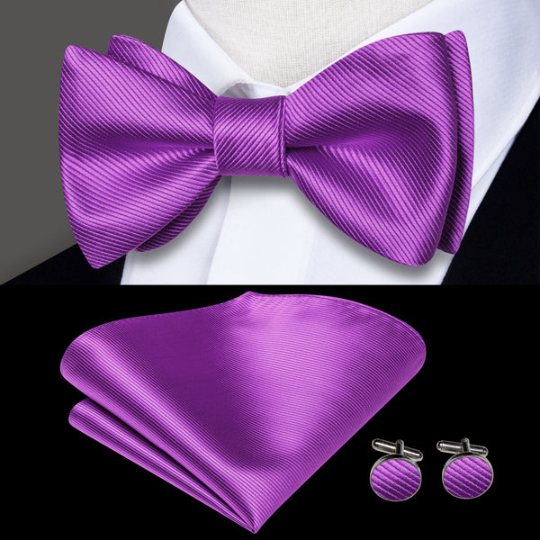 Purple Striped Self-tied Bow Tie Pocket Square Cufflinks Set