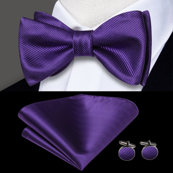 Dark Purple Striped Self-tied Bow Tie Pocket Square Cufflinks Set