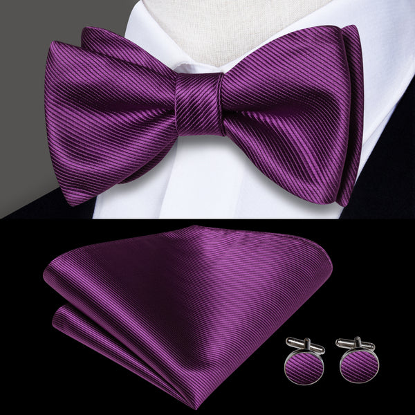 Purple Red Striped Self-tied Bow Tie Pocket Square Cufflinks Set