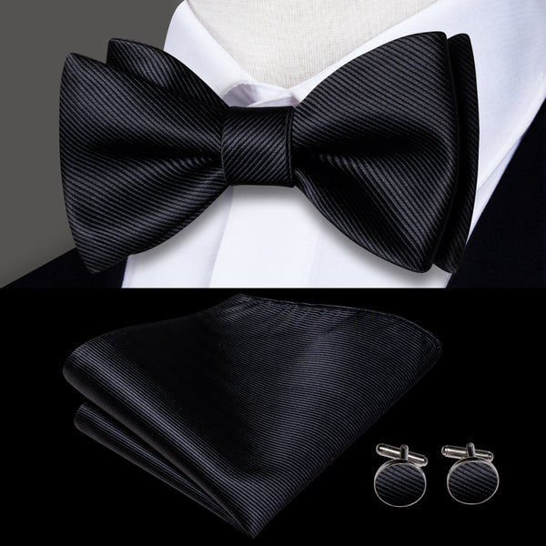Classic Black Striped Self-tied Bow Tie Pocket Square Cufflinks Set