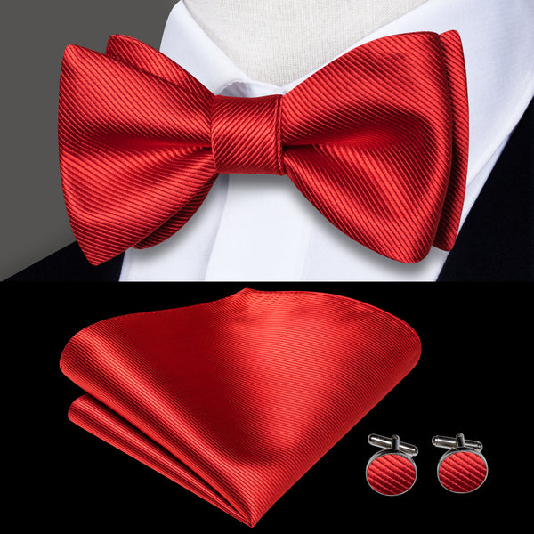 Classic Red Striped Self-tied Bow Tie Pocket Square Cufflinks Set